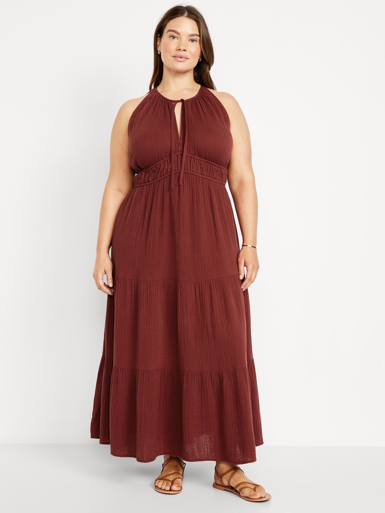 Fit & Flare Crinkle Gauze Maxi Dress