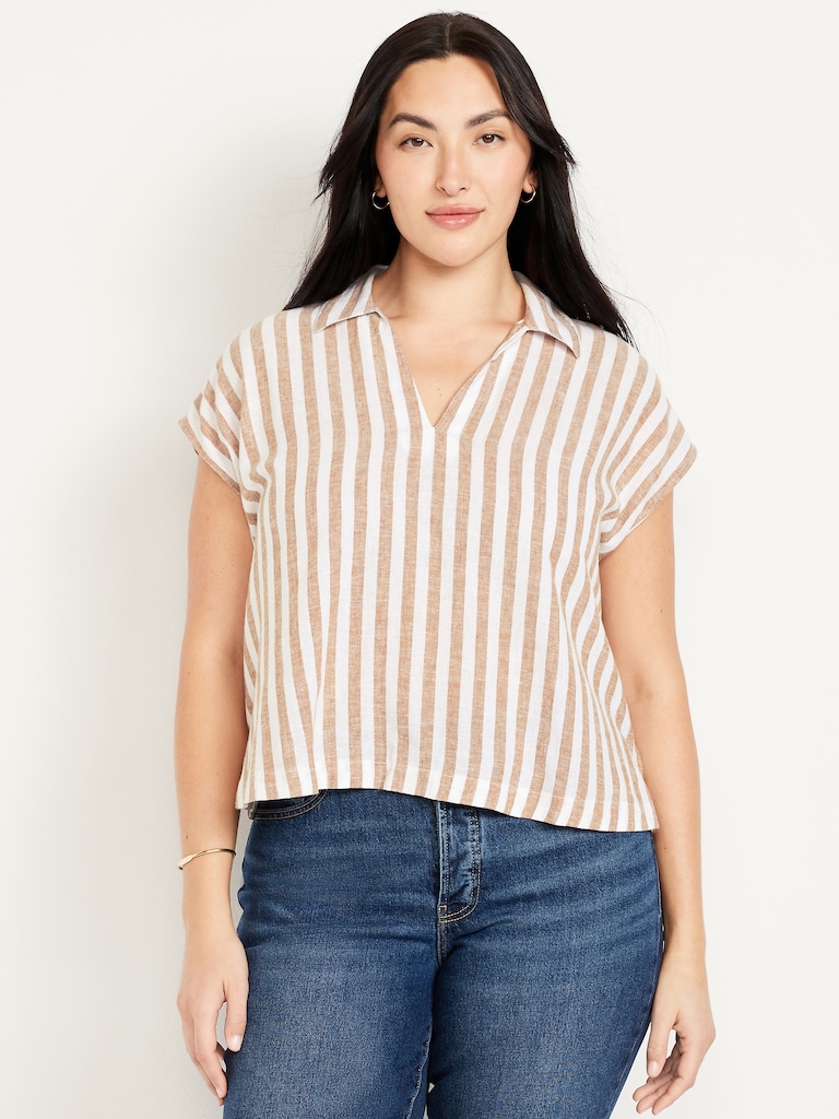 Linen-Blend Cropped Popover Shirt