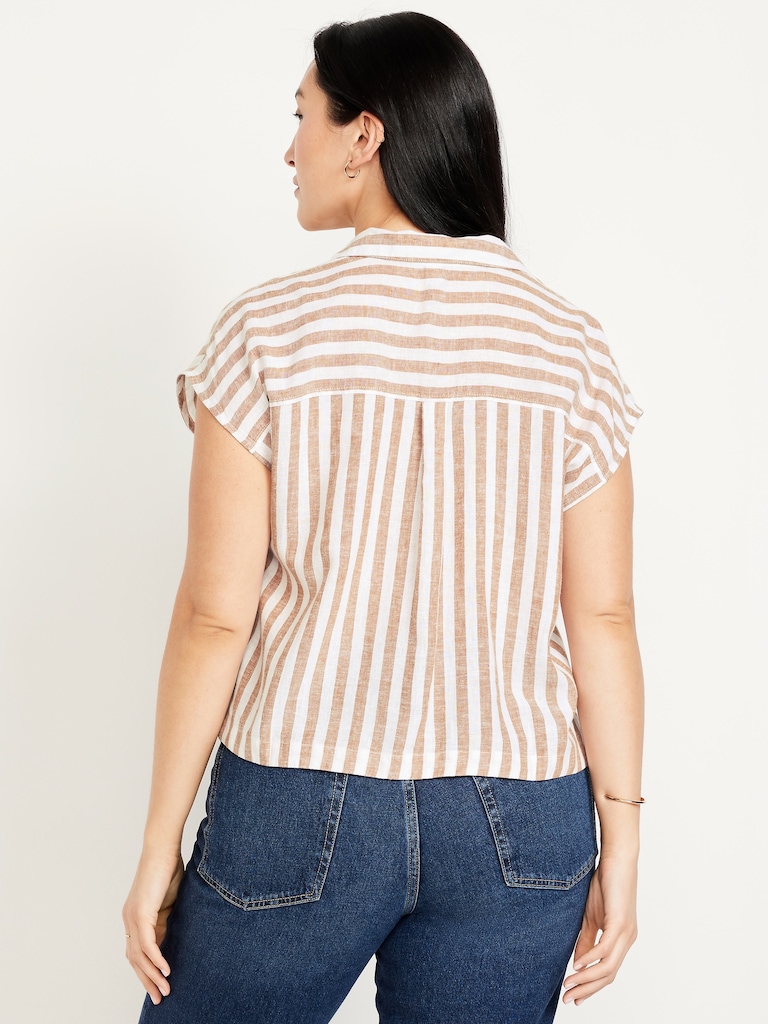 Linen-Blend Cropped Popover Shirt
