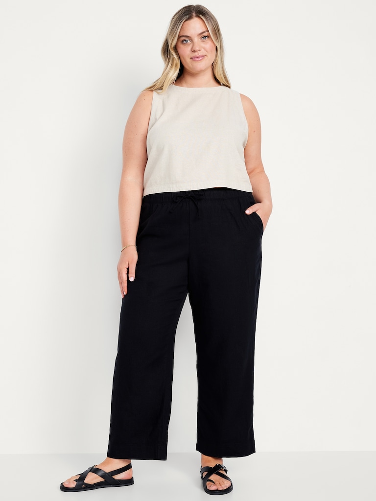 High-Waisted Linen-Blend Straight Pants