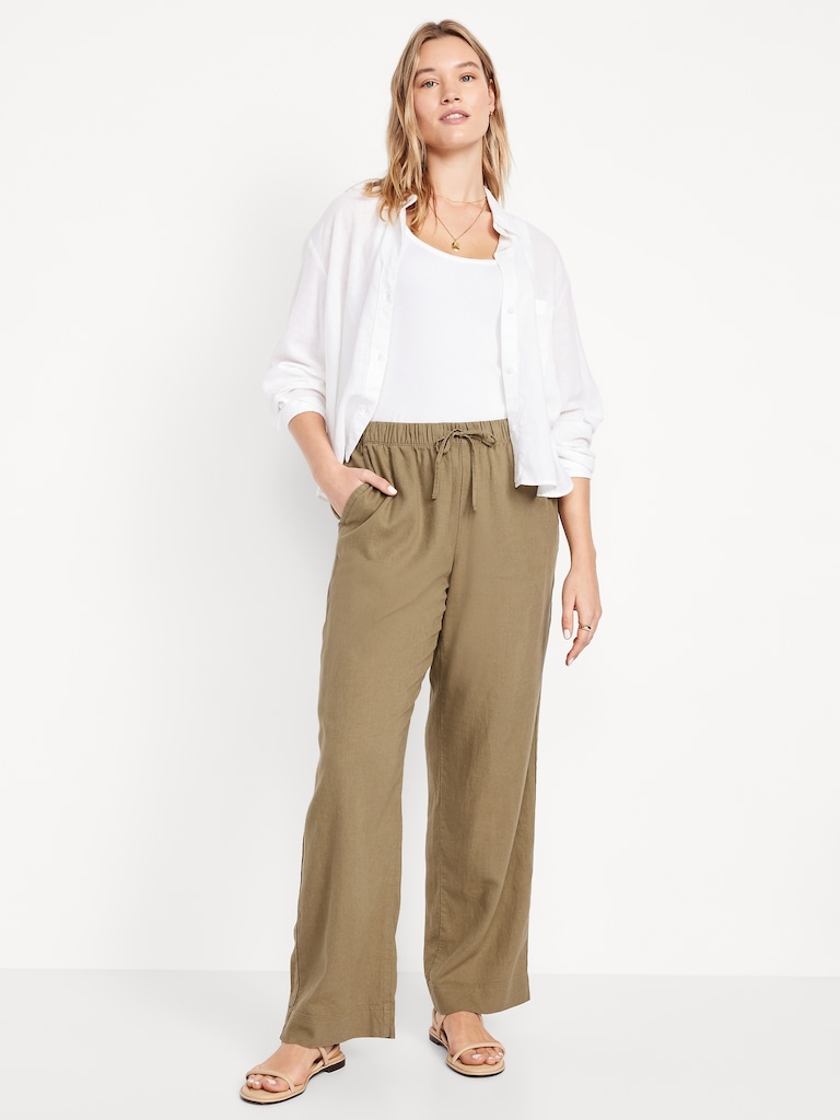High-Waisted Linen-Blend Straight Pants