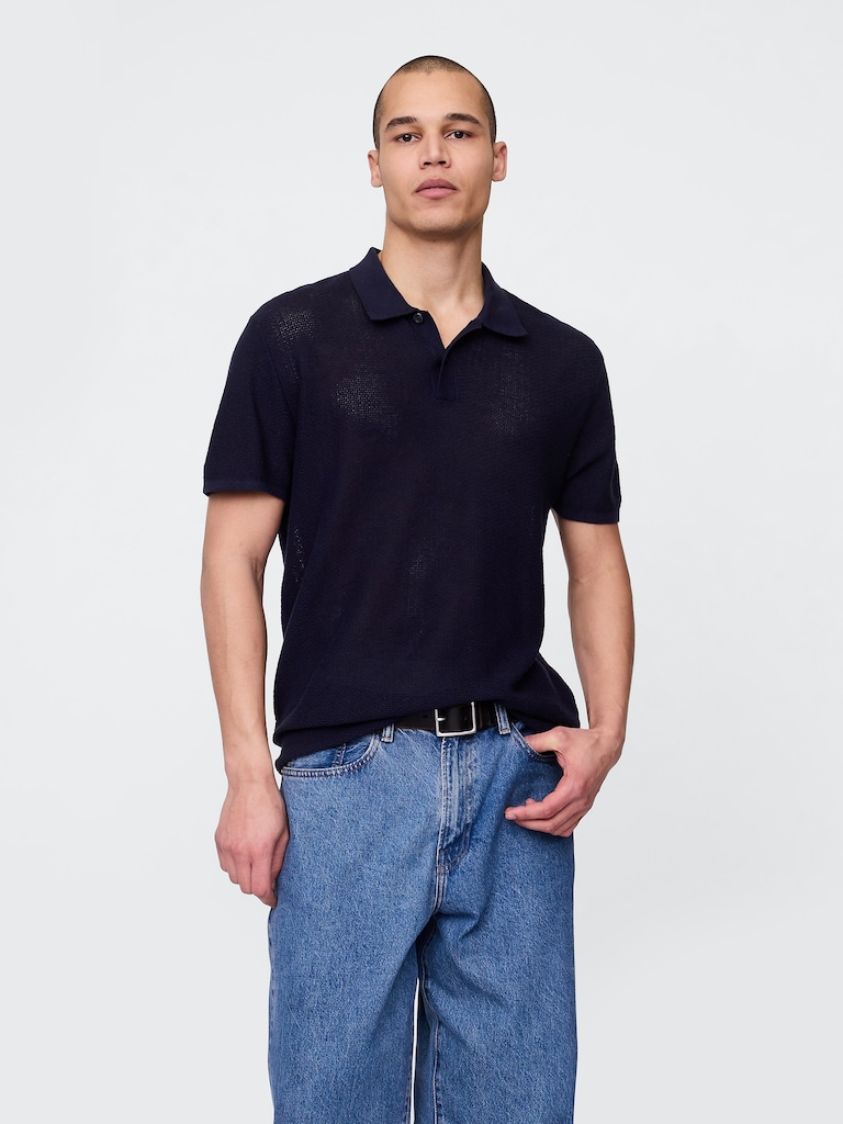 Textured Crochet Polo Sweater