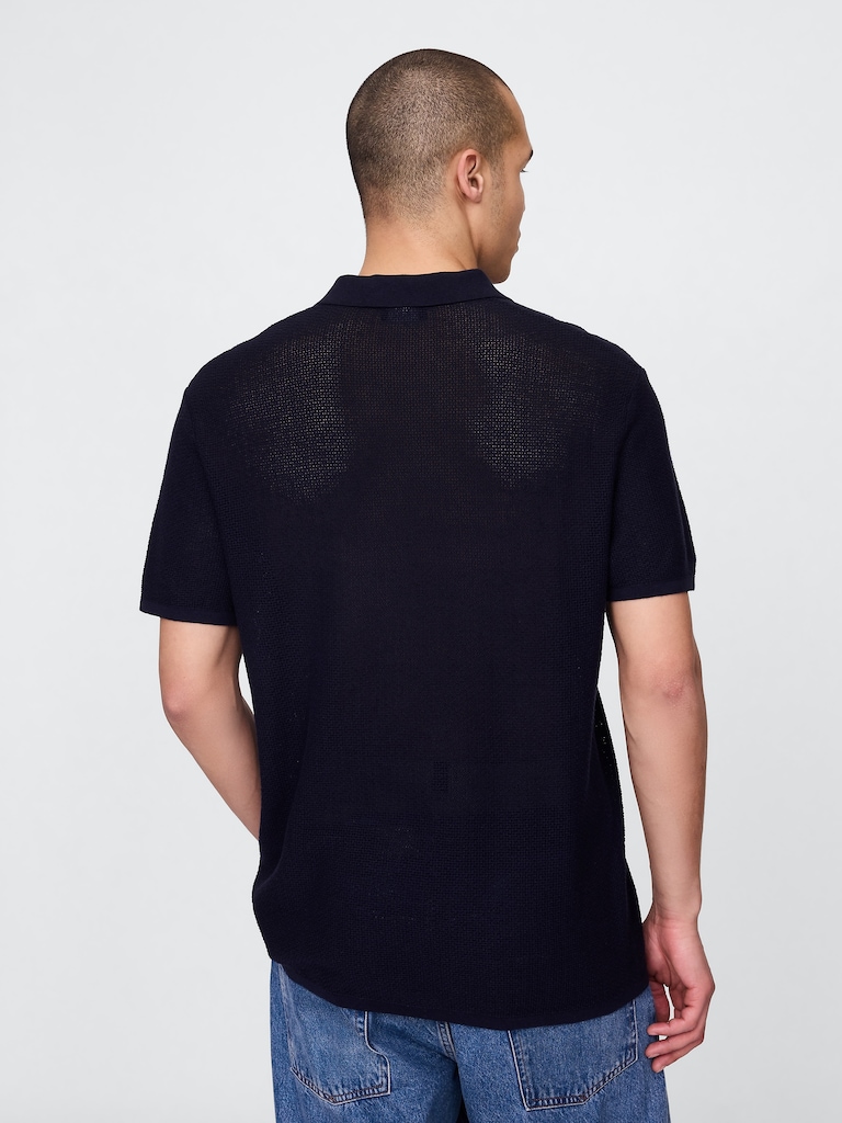 Textured Crochet Polo Sweater