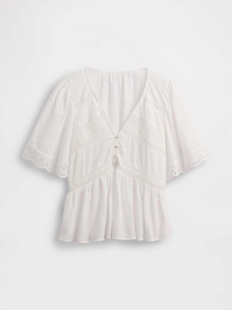 Lace-Trim Flutter-Sleeve Top