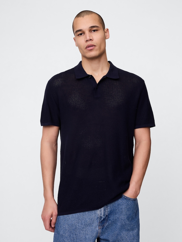 Textured Crochet Polo Sweater