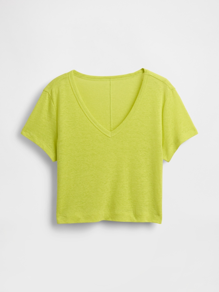 Linen-Blend V-Neck Crop T-Shirt