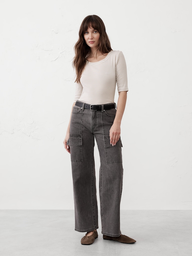 Ribbed Elbow-Sleeve T-Shirt