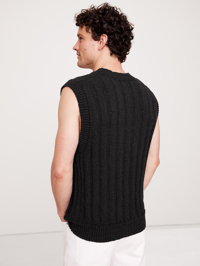 Cotton-Linen Blend Ribbed Sweater Vest