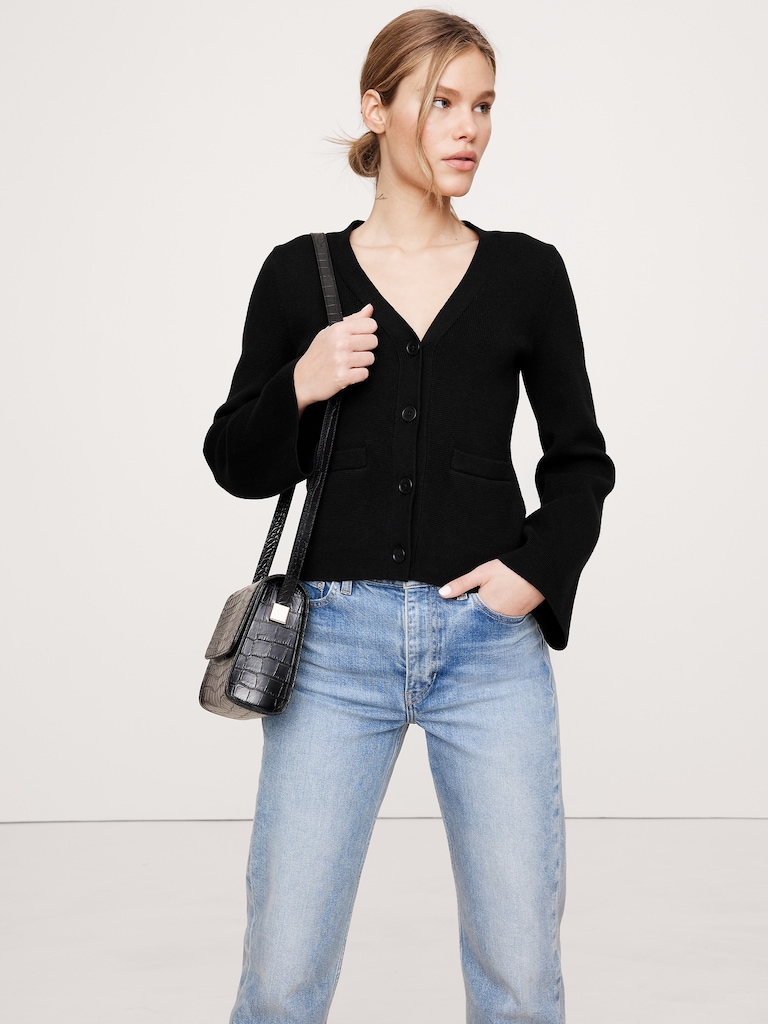 Cotton-Silk Flare-Sleeve Cardigan