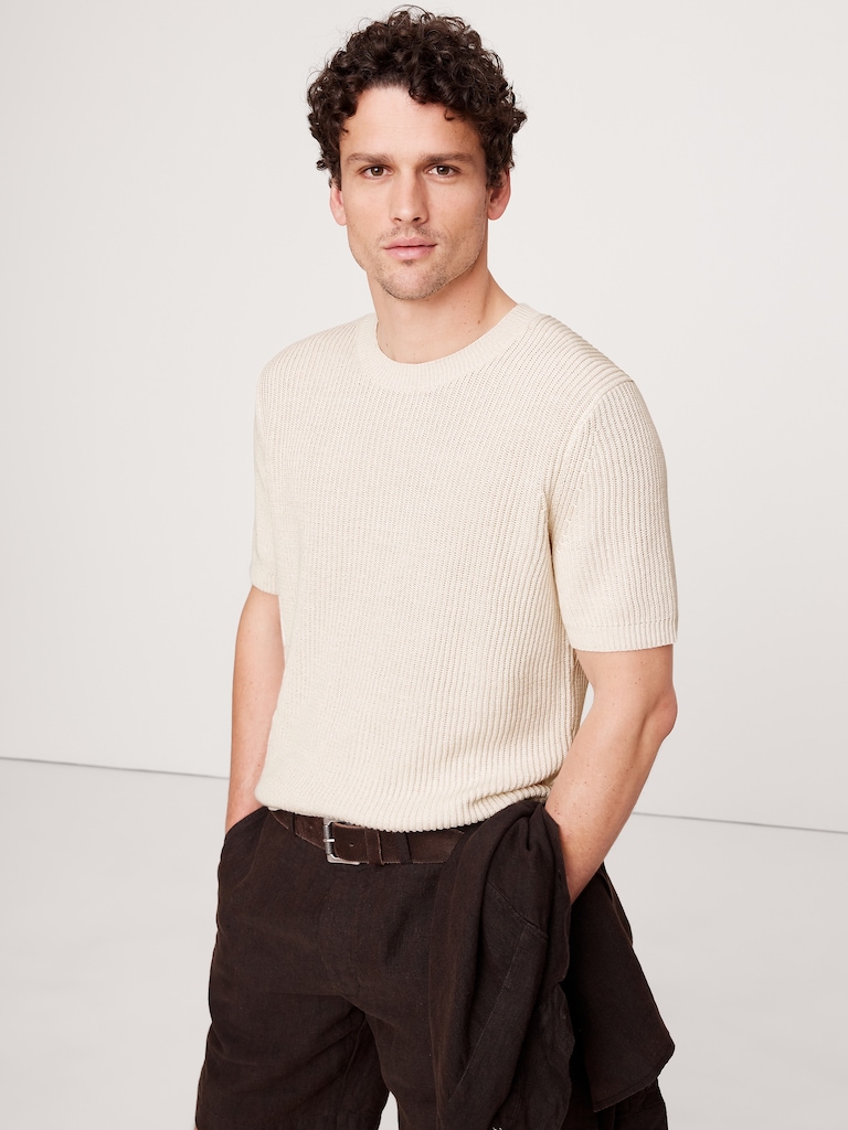 Ribbed Linen-Cotton Short-Sleeve Sweater