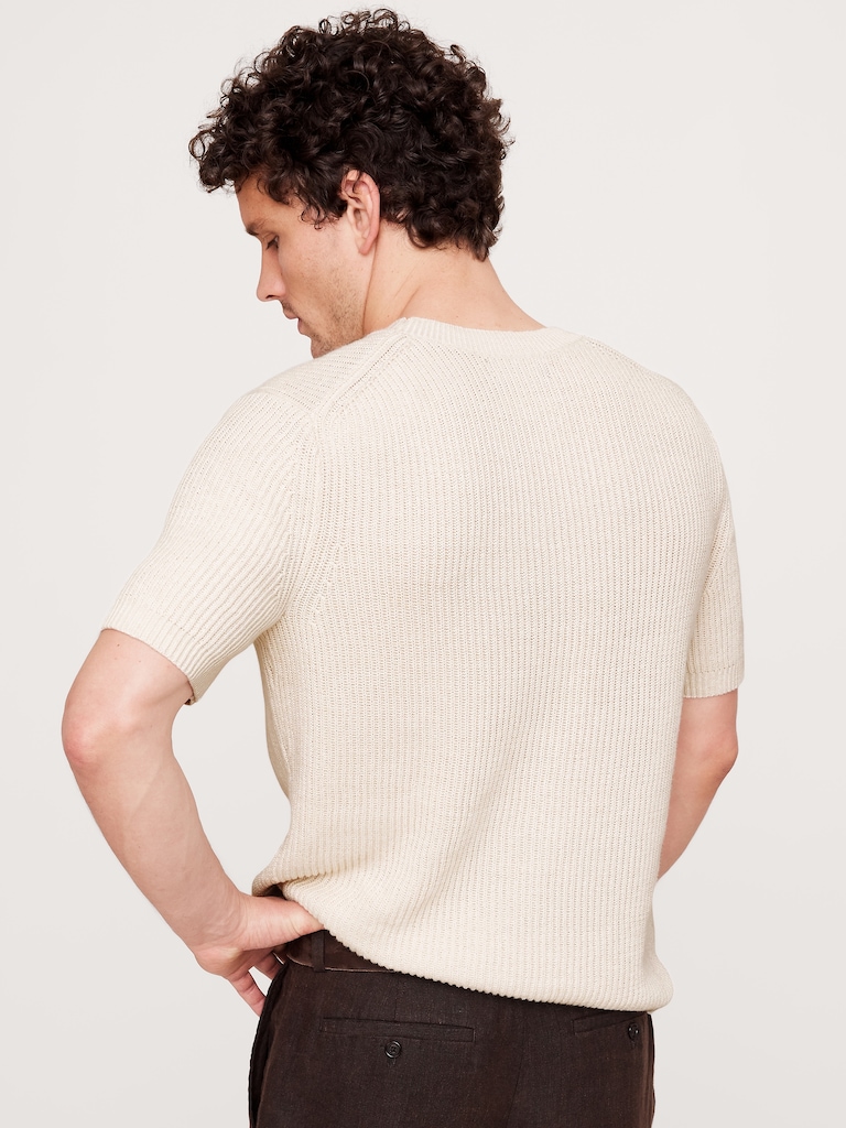 Ribbed Linen-Cotton Short-Sleeve Sweater