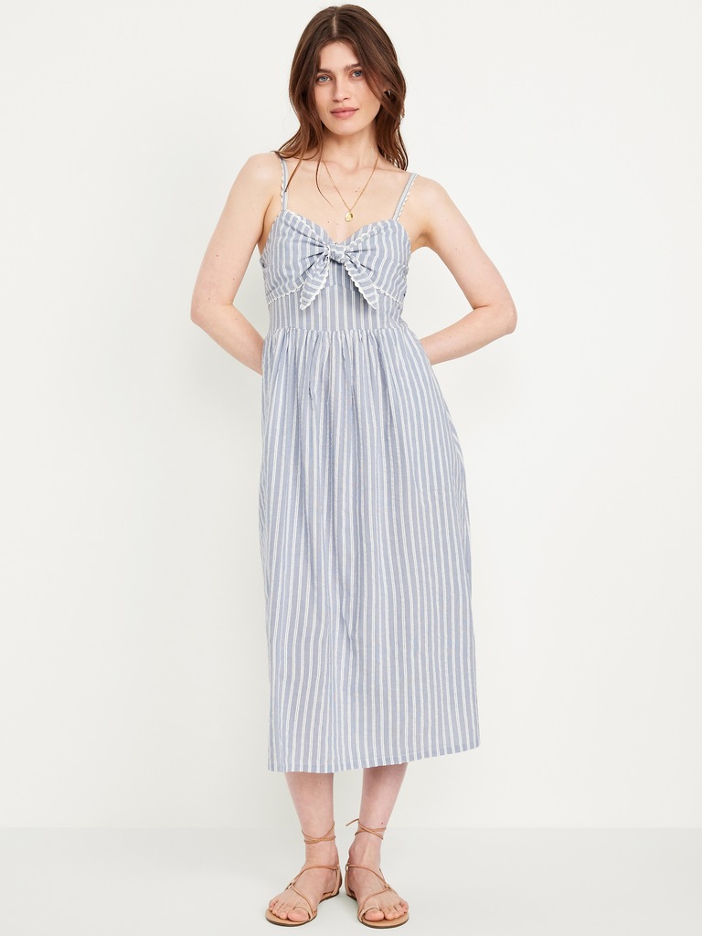 Fit & Flare Tie-Front Seersucker Midi Dress