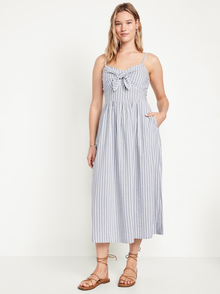 Fit & Flare Tie-Front Seersucker Midi Dress