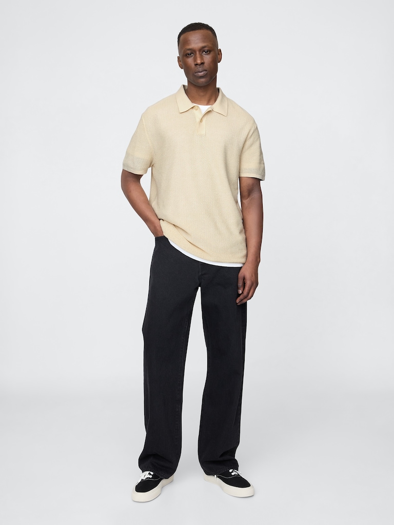 Textured Crochet Polo Sweater