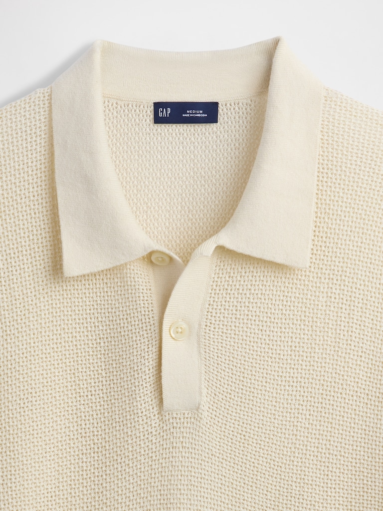 Textured Crochet Polo Sweater