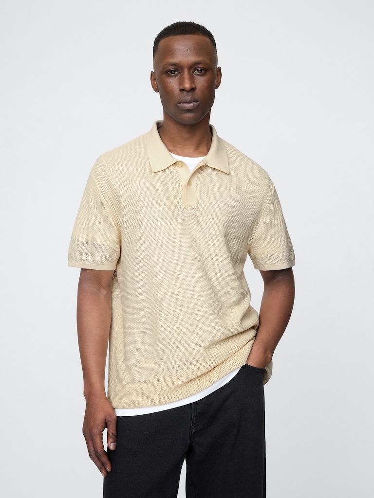 Textured Crochet Polo Sweater