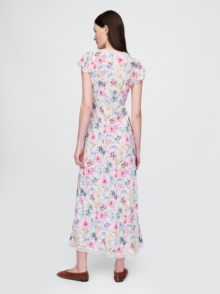 Lace-Trim V-Neck Crepe Maxi Dress