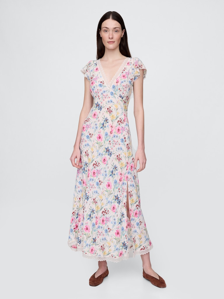 Lace-Trim V-Neck Crepe Maxi Dress
