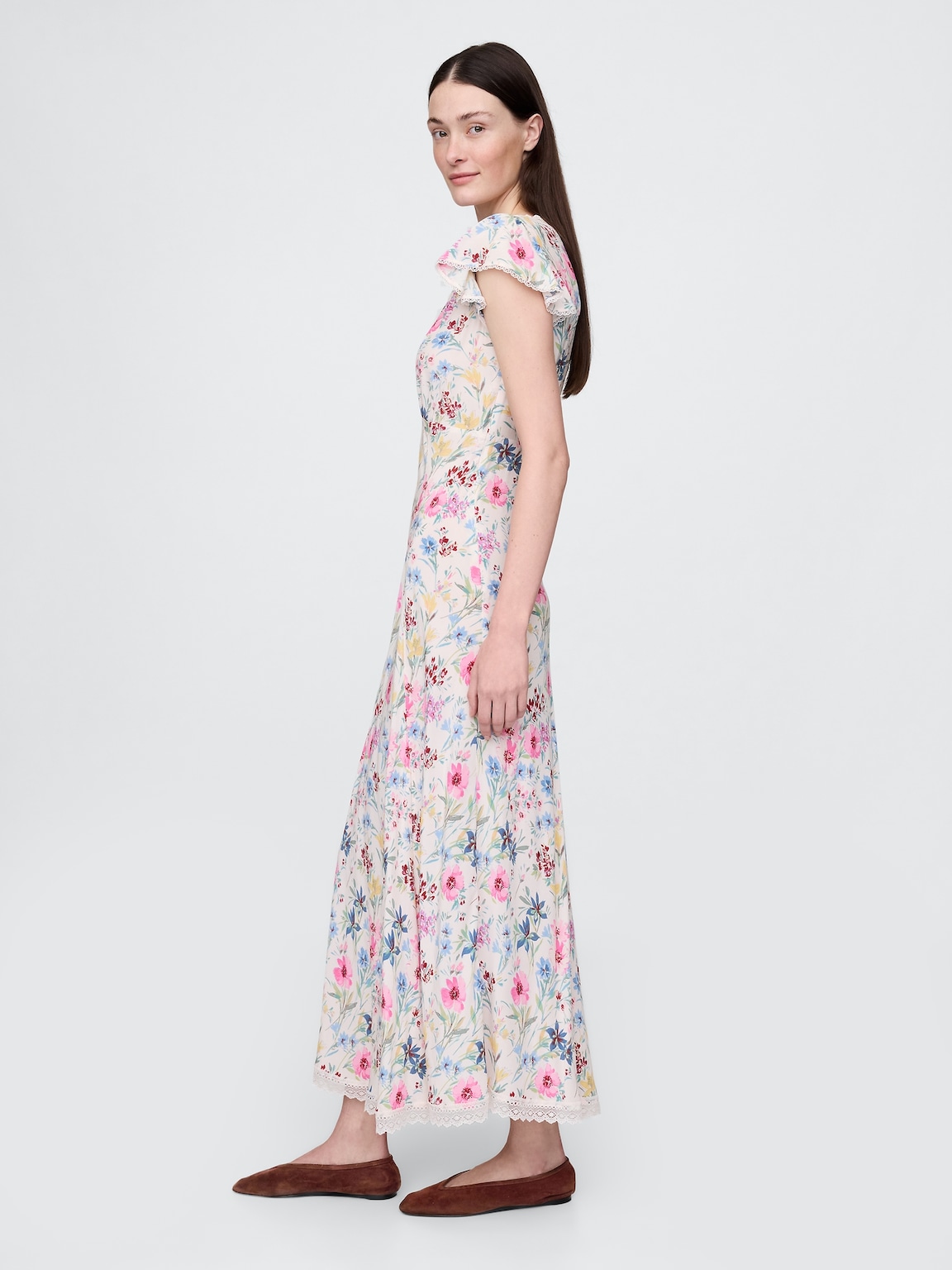Lace-Trim V-Neck Crepe Maxi Dress