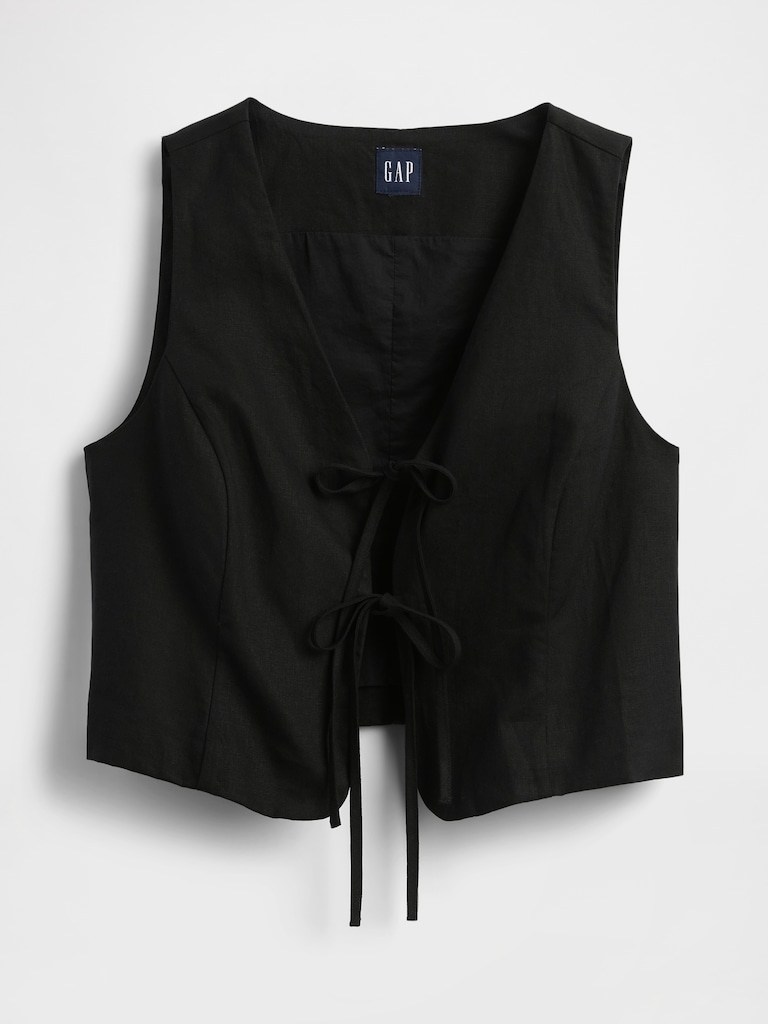 Linen-Blend Tie-Front Crop Vest