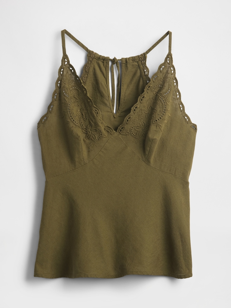 Linen-Blend Embroidered Halter Top