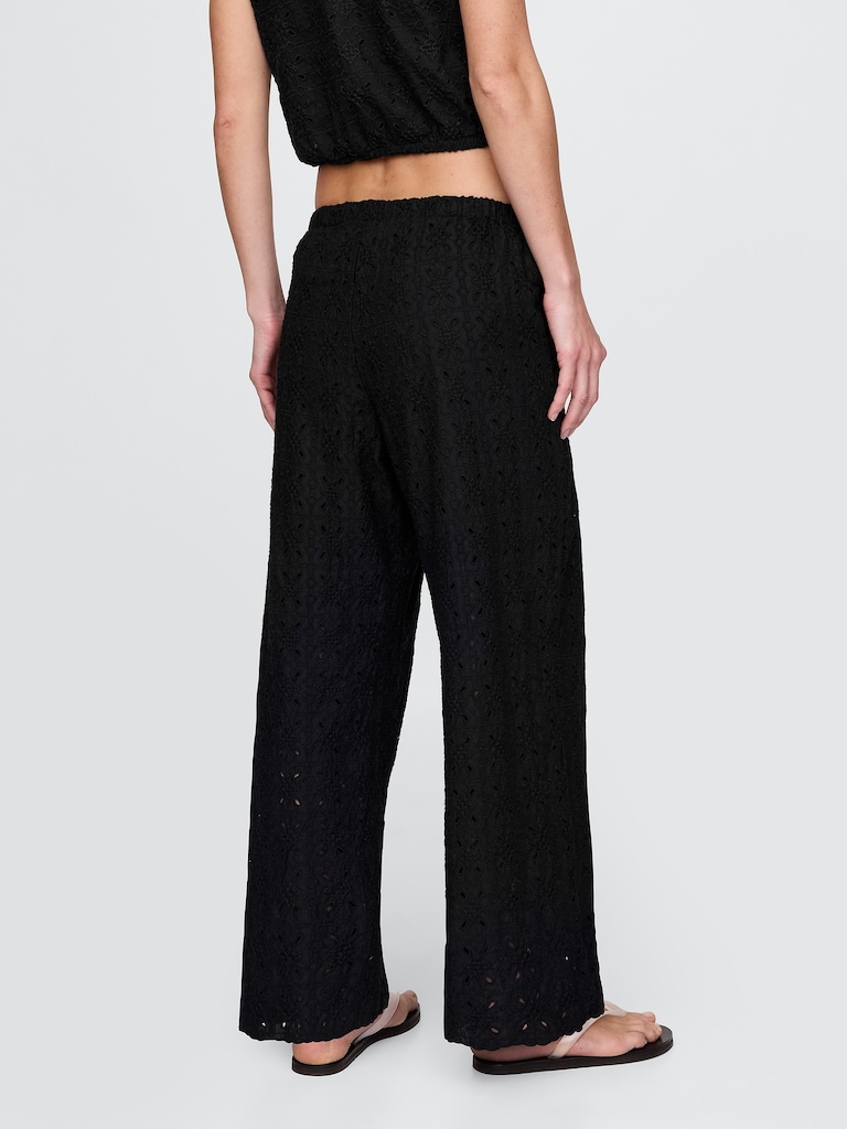 Mid Rise Eyelet Easy Wide-Leg Pants
