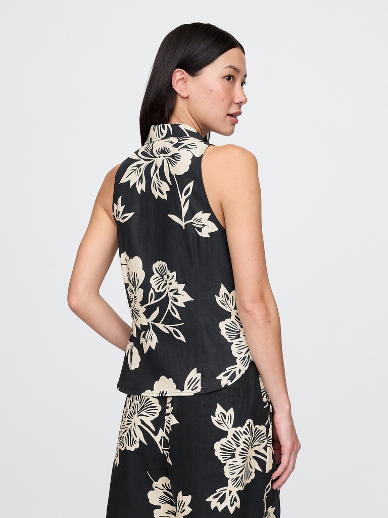 Linen-Blend Sleeveless Button-Front Shirt