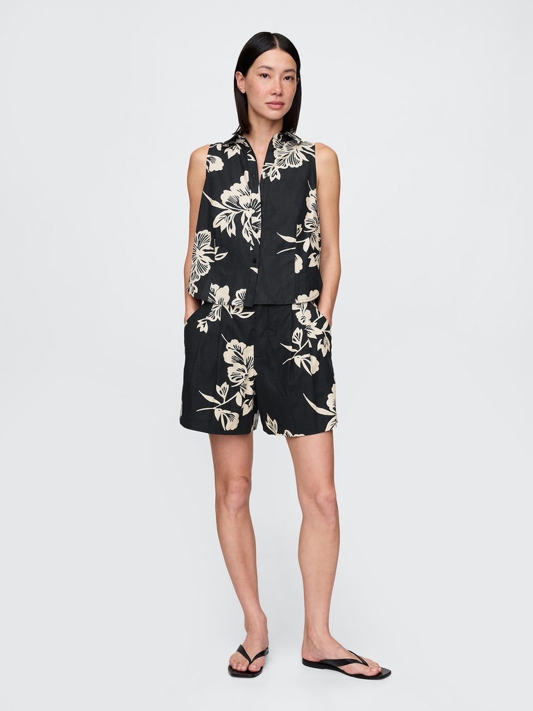 Linen-Blend Sleeveless Button-Front Shirt