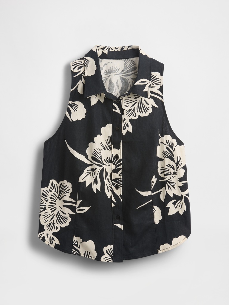 Linen-Blend Sleeveless Button-Front Shirt