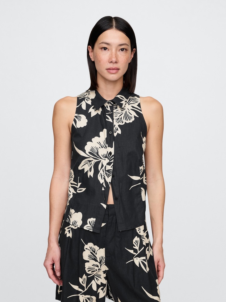 Linen-Blend Sleeveless Button-Front Shirt