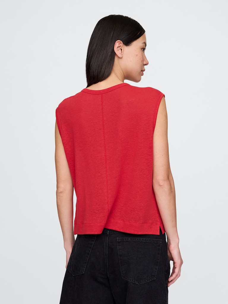 Linen-Blend Crewneck Shell Tank Top