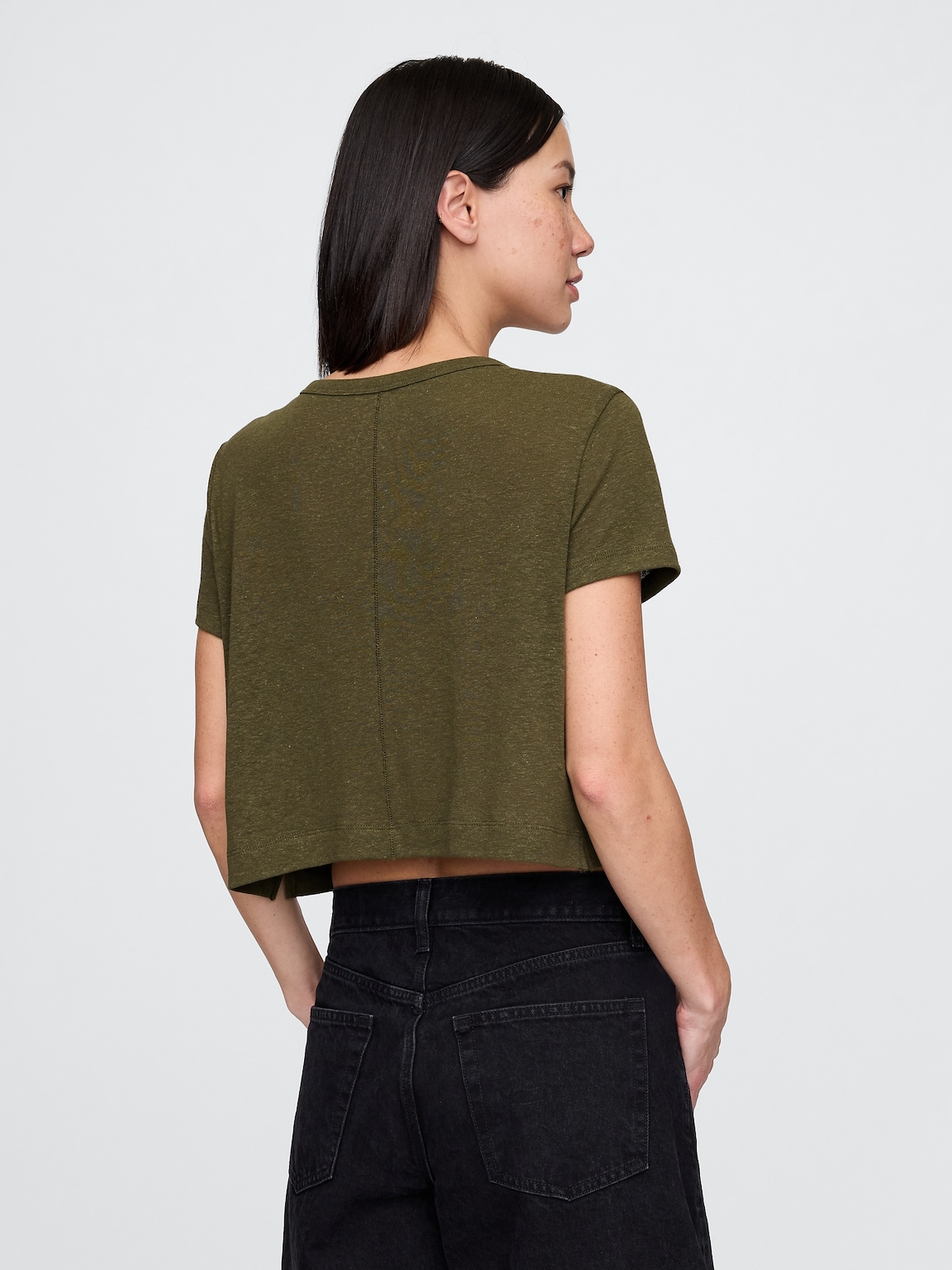 Linen-Blend V-Neck Crop T-Shirt