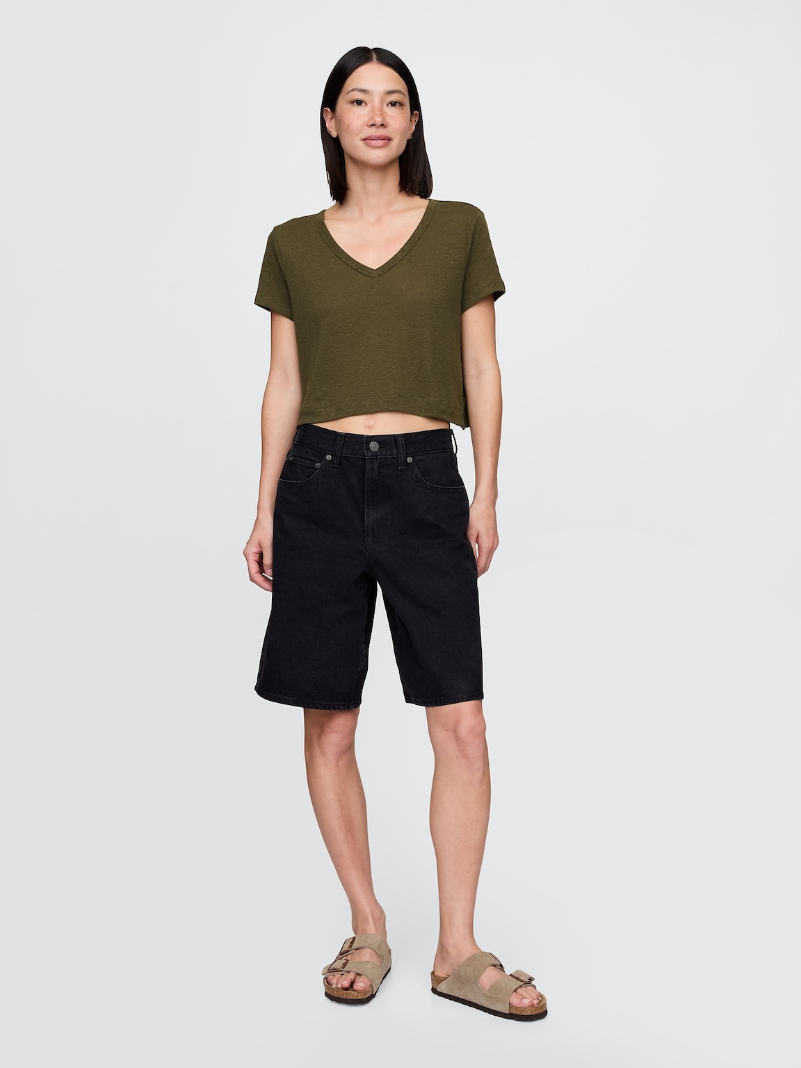 Linen-Blend V-Neck Crop T-Shirt