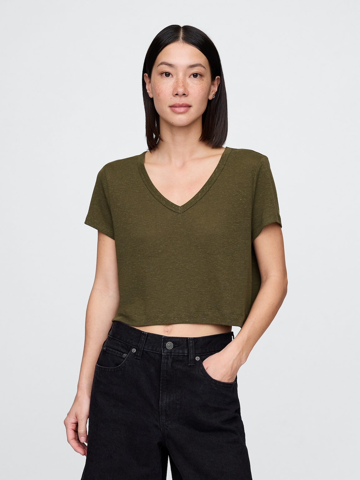 Linen-Blend V-Neck Crop T-Shirt