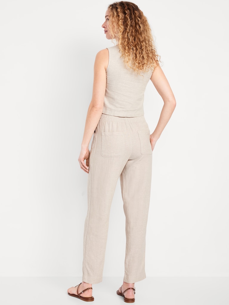 High-Waisted Linen-Blend Straight Ankle Pants