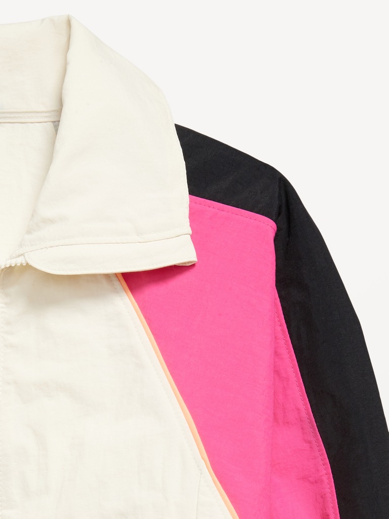 Oversized Cropped Color-Block Zip Jacket for Girls
