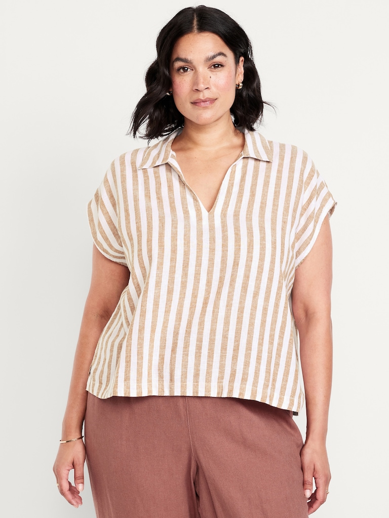 Linen-Blend Cropped Popover Shirt