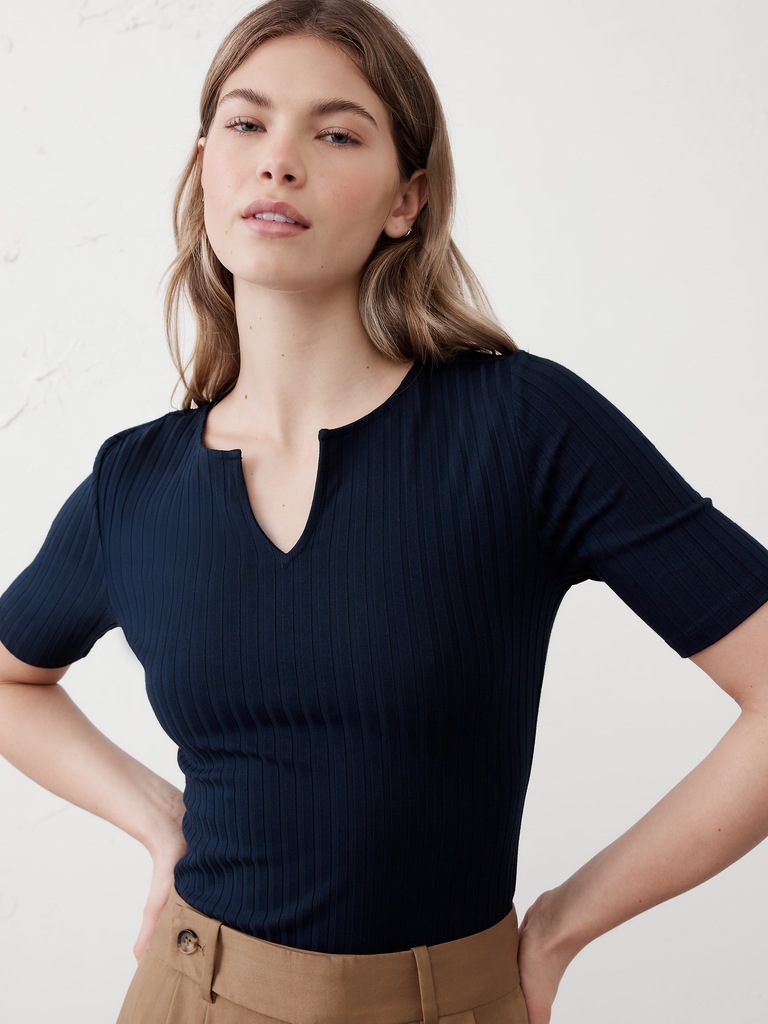 Wide Ribbed Split-Neck Top