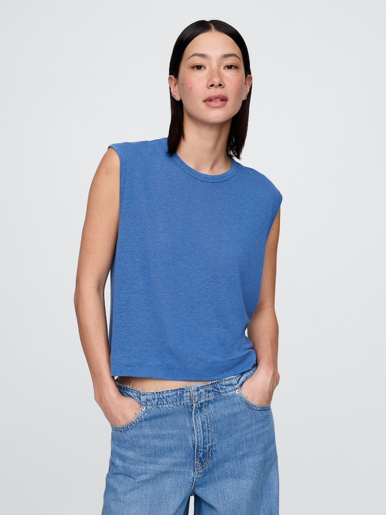 Linen-Blend Crewneck Shell Tank Top