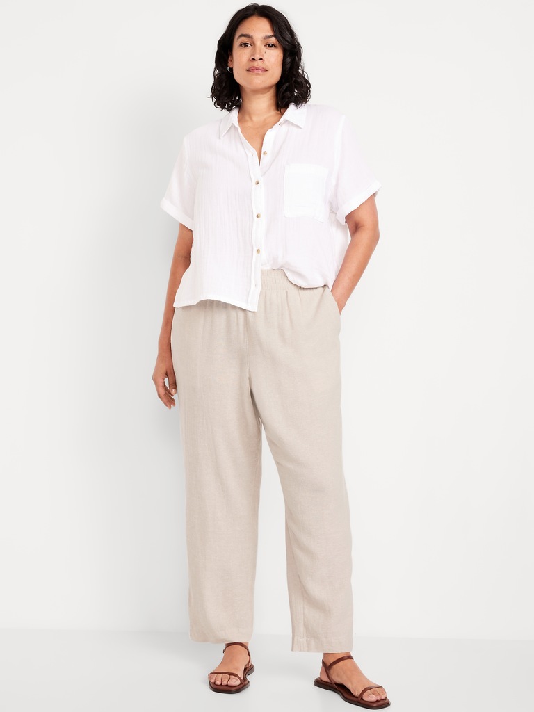 High-Waisted Linen-Blend Straight Ankle Pants