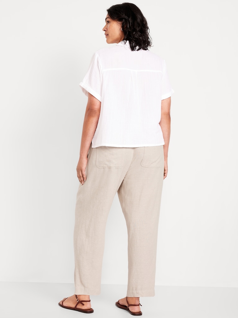 High-Waisted Linen-Blend Straight Ankle Pants