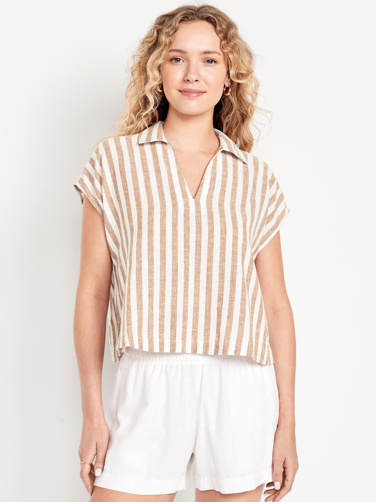 Linen-Blend Cropped Popover Shirt