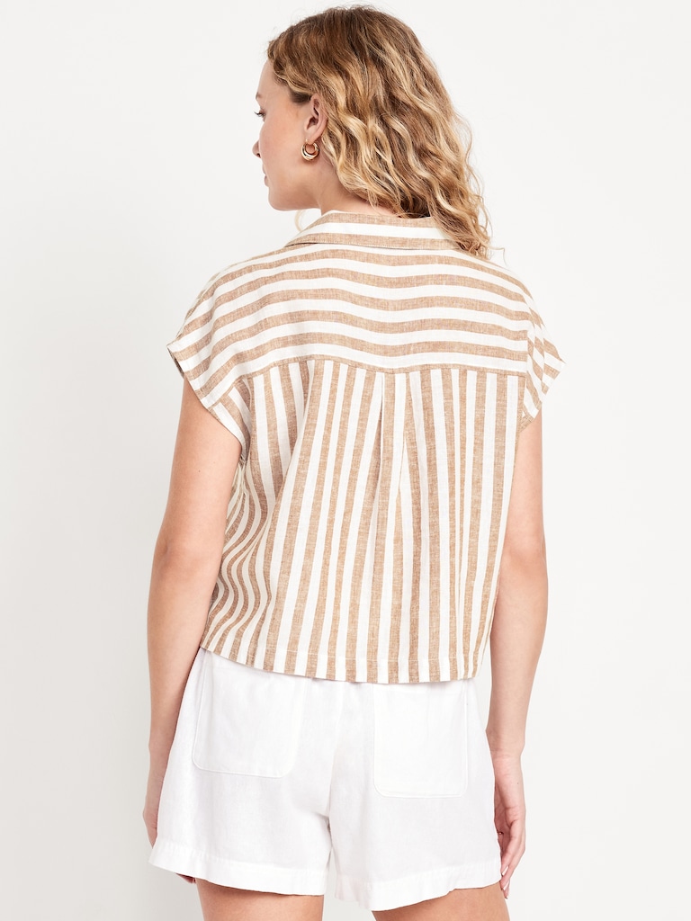 Linen-Blend Cropped Popover Shirt