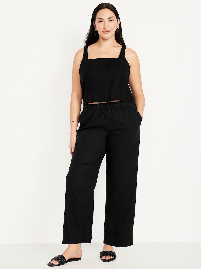High-Waisted Linen-Blend Straight Pants