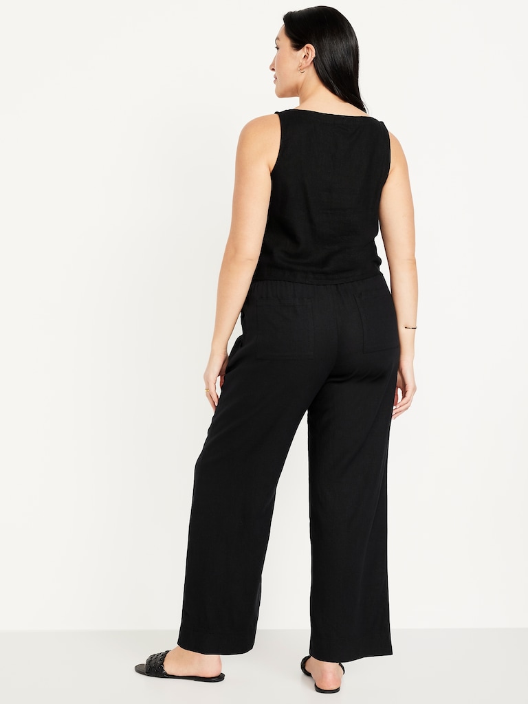 High-Waisted Linen-Blend Straight Pants