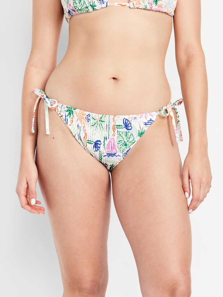 Mid-Rise Textured String Bikini Swim Bottoms