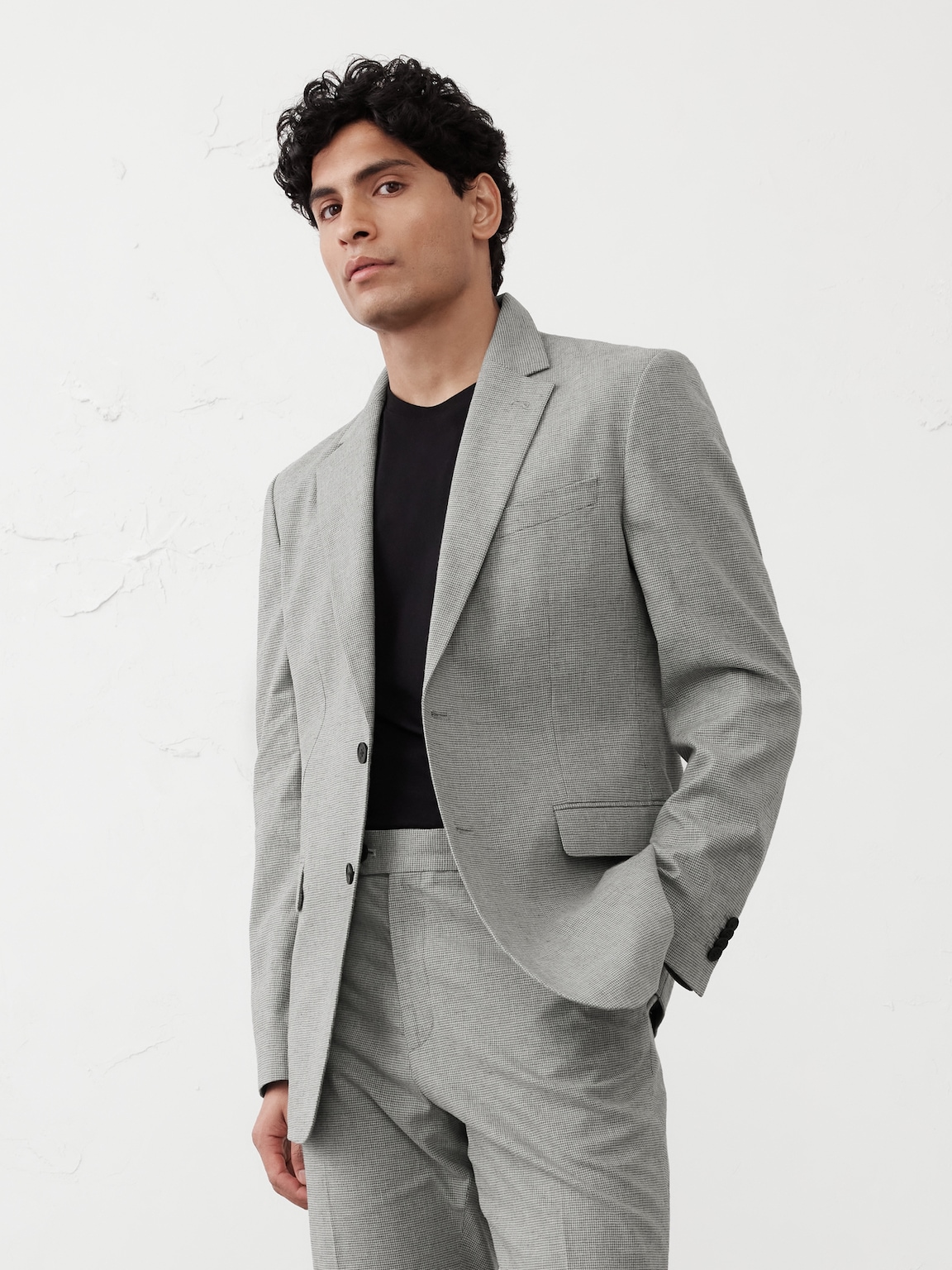Linen-Blend Mini Houndstooth Suit Jacket