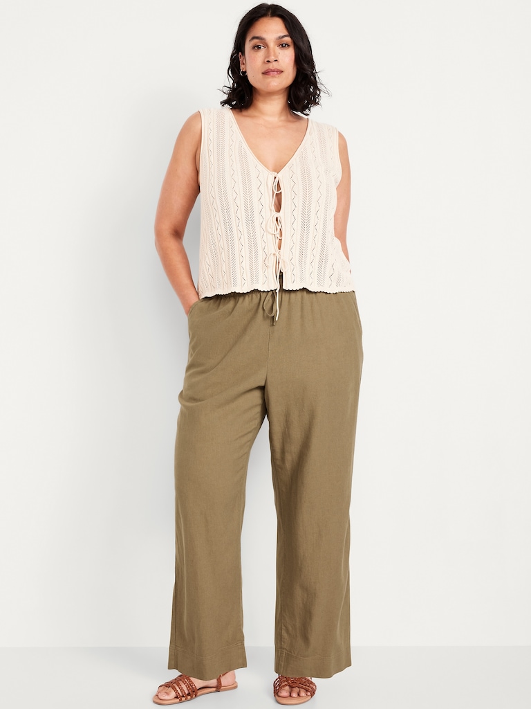 High-Waisted Linen-Blend Straight Pants
