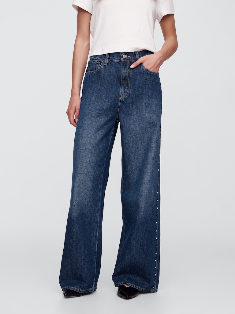 High Rise SuperSoft Studded Wide-Leg Jeans