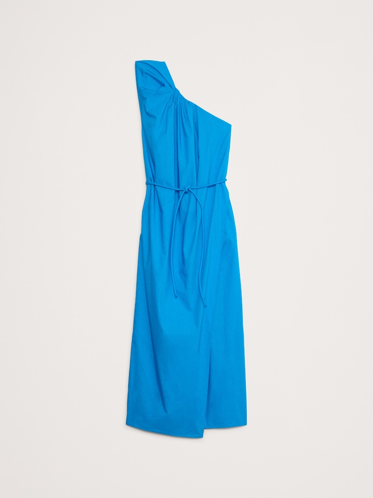 Ruched Cotton Poplin One-Shoulder Maxi Dress